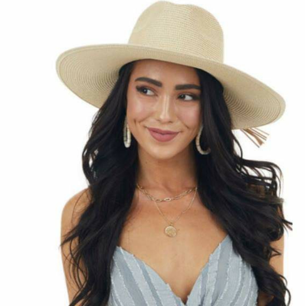 Beige Flat Brim Hat with Braided Tassel Band